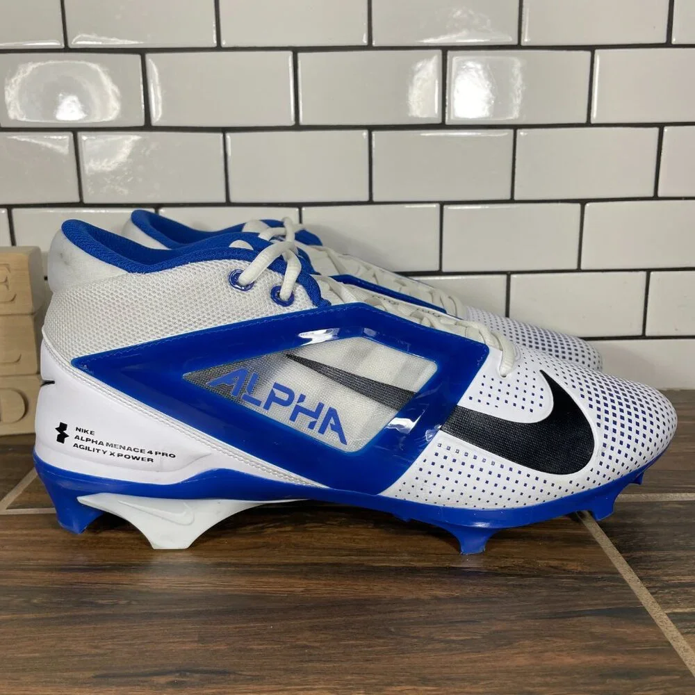 Nike Alpha Menace 4 Pro Shoes Mens Size 13 White Blue Black Football Cleats